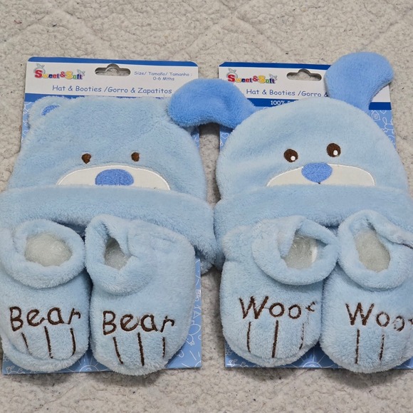 Sweet & Soft Baby Blue Hat & Booties Set 0-6 Months Bear & Woof‎ Dog - Picture 6 of 10